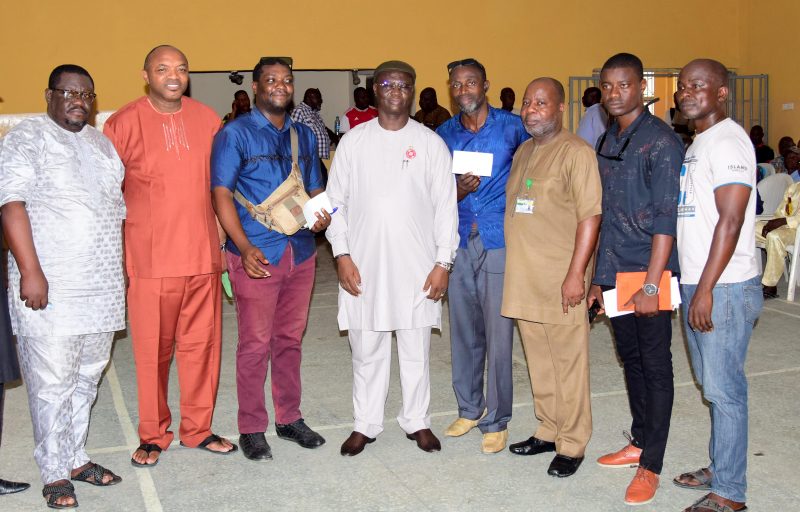Olabanji Olusegun (NPA), President, Maritime Association of Stevedoring Companies, Bolaji Sunmola, Philip Igbamosun (Recipient), President General, Maritime Workers Union (MWUN) Prince Adeyanju Adewale, Oladimeji Tajudeen (Recipient), Lawal, A.I.A, (NPA), Mabinuori Yunus (Recipient), Bisiriyu Saheed (Recipient) during the occasion in Lagos.