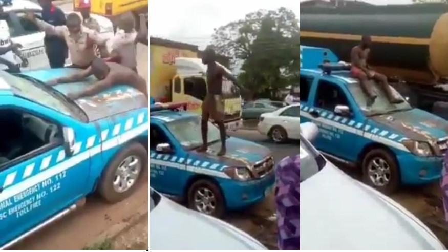 The Benin Tricycle rider destroying the Federal Road Safety Corps Vehicle.