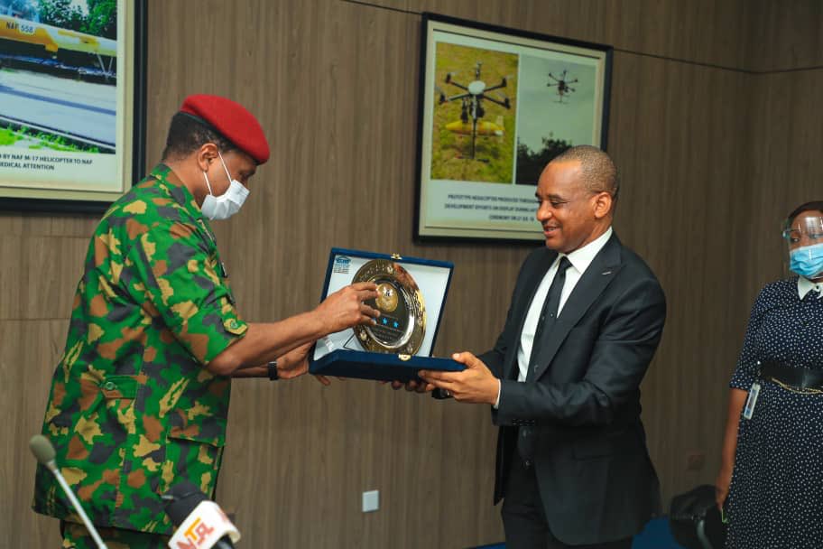 The Chief of Air Staff, Air Marshal Sadique Abubakar making a presentation to the Director-General of the Nigerian Maritime Administration and Safety Agency (NIMASA) Dr. Bashir Jamoh.