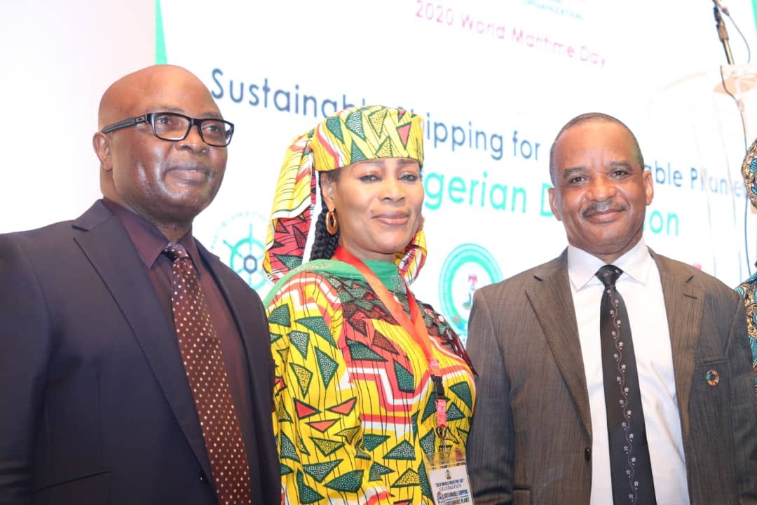 The Board Chairman of NIMASA Chief Okorie Asita, Chairman House Committee on Maritime Safety, Education and Administration Ms. Lynda Ikpeazu with the DG Jamoh Bashir  at the on going 2020 World Maritime Day celebration in Lagos. 