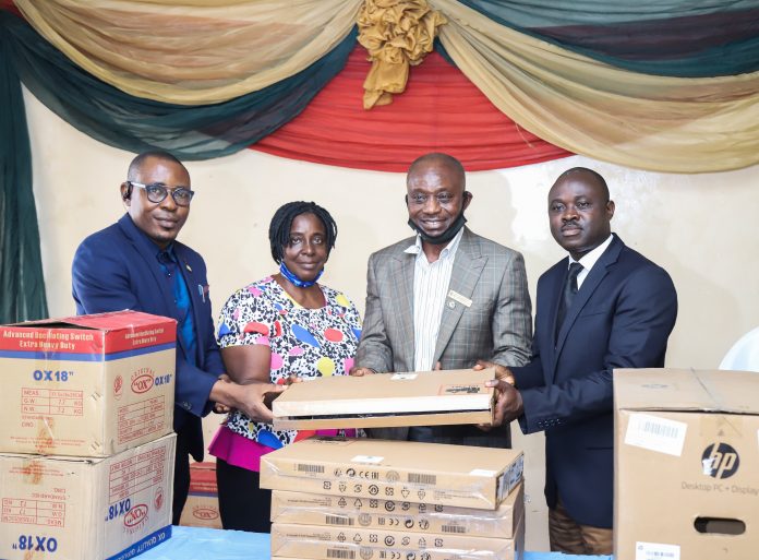 L-R: Taiye Taiwo, Head of Accounts, Apapa General Hospital; Taiwo Ibilola Aramide, Head of Administration/Human Resources, Apapa General Hospital; Dr. Ajibola Keshinro, Chief Medical Director and Olumuyiwa Akande, Group Head, Corporate Communications, SIFAX Group during the donation of 5 laptops, 6 desktop computers and 18 wall fans by SIFAX Group to the hospital recently.