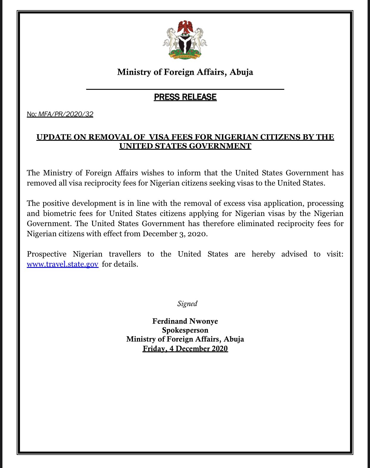 The Ministry of Foreign Affairs Press Release