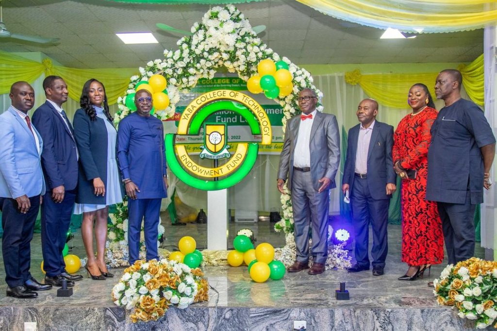 Dr Taiwo Afolabi, chairman, SIFAX Group represented by Mr Bode Ojeniyi, Group Executive Director alongside YABATECH Management, at the logo unveiling of the Yaba College of Technology N50 billion endowment fund.