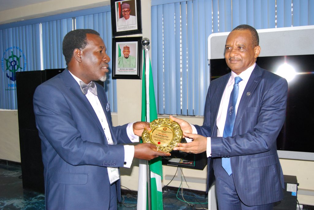 Director General, Nigerian Maritime Administration and Safety Agency (NIMASA), Dr Bashir Jamoh (right) receiving a souvenir from a branch Chairman of the Nigerian Bar Association (NBA) from the Federal Capital Territory (FCT) Abuja, Mr Adjeh Monday during a courtesy visit by the association to the NIMASA headquarters in Lagos.