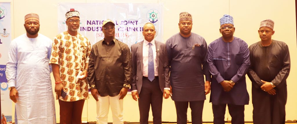 L-R:  Mallam Baba Musa, Nigerian Shippers’ Council; Engr Bob Yousuo, Nigerian Merchant Navy; Comrade Adeyanju Adewale, President general Maritime Workers Union of Nigeria; Dr Bashir Jamoh, Director General, Nigerian Maritime Administration and Safety Agency, NIMASA; Executive Director, Maritime Labour and Cabotage Services NIMASA, Rt. Hon. Victor Ochei; Mr Ayo Ohiwereh ,Agreement Maritime Operation and Head, Maritime Labour Services NIMASA, Aliyu Lawan during the inauguration of the Tripartite National Joint Industrial Council (NJIC) meeting for the review of minimum standards for Nigerian Seafarers held in Lagos.