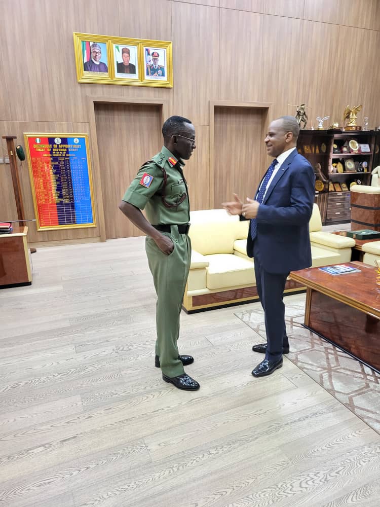 The Director General, Nigerian Maritime Administration and Safety Agency (NIMASA), Dr. Bashir Jamoh (right) discussing issues of national security with the Chief of Defense Staff, General Lucky Irabor at the Defence Headquarters in Abuja.
