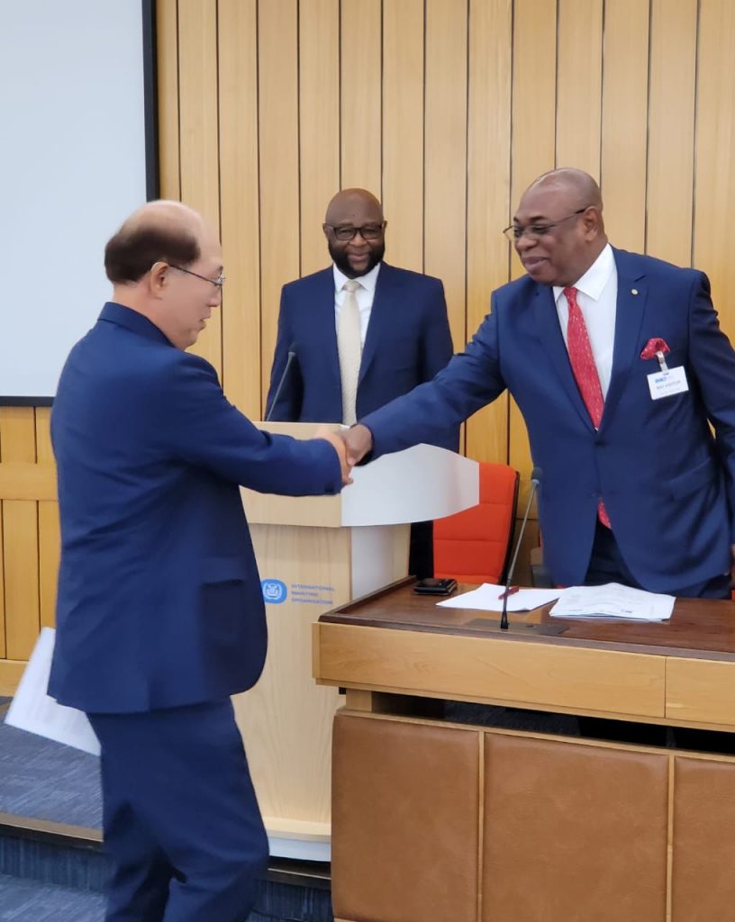 LR: Kitack Lim, Secretary General of IMO; William Azuh, IMO Head of Africa Section for Maritime Development and Technical Cooperation and Dr Paul Adalikwu, MOWCA Secretary General at the Joint Action Plan signing at IMO Headquarters in London on Thursday