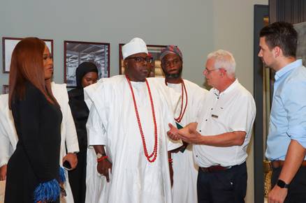 R-L: AFP Planning Manager, Benny Brommer , Julius Berger AFP’s Commercial Manager, Norbert Kossmann, His Royal Majesty, Oniru of Iruland, Oba Abdulwasiu Omogbolahan Lawal and the CEO of Design Week Lagos, Ms Titi Ogufere, listens as Mr. Kossmann explains a point to the dignitaries at the AFP pavilion during the DWL Exhibition at Lekki Lagos recently